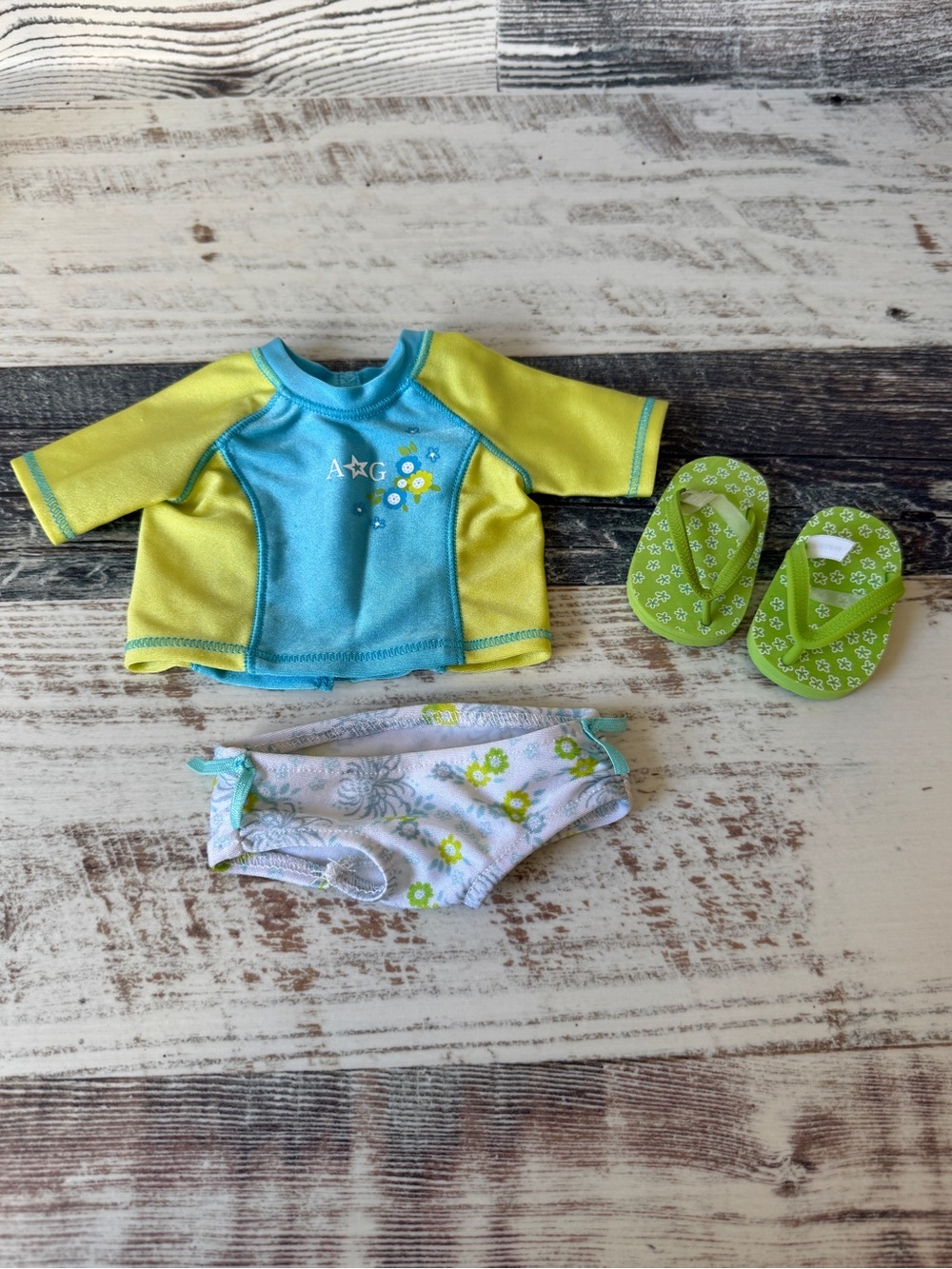 American Girl Doll Just Like You 2 in 1 SURF SWIMSUIT Rash Guard Bottoms Shoes